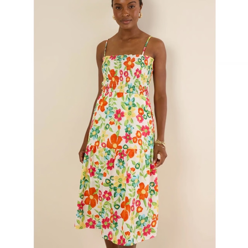 THML White Floral Midi Dress with Orange & Pink Flowers